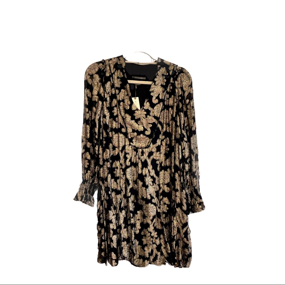 NWT. Anthropologie Black and Gold Floral Mini Swing Dress. SMALL.